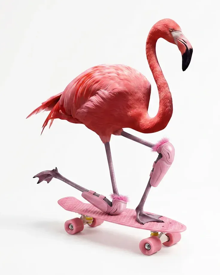 Ružový plameniak na skateboarde, maskot Meliory
