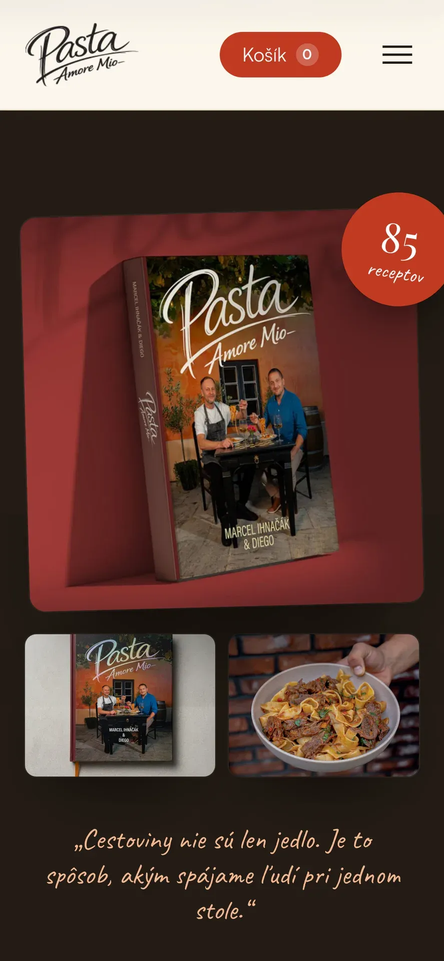 Mobilná verzia webu Pasta Amore Mio: kuchárska kniha