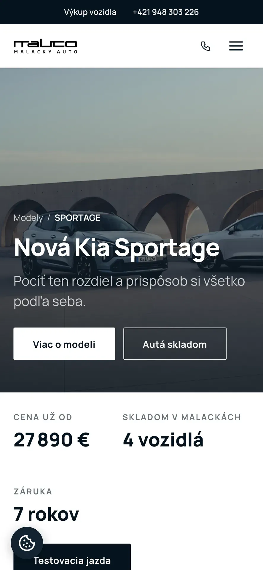 Mobilná verzia webu Malacky Auto: stránka modelu Kia Sportage