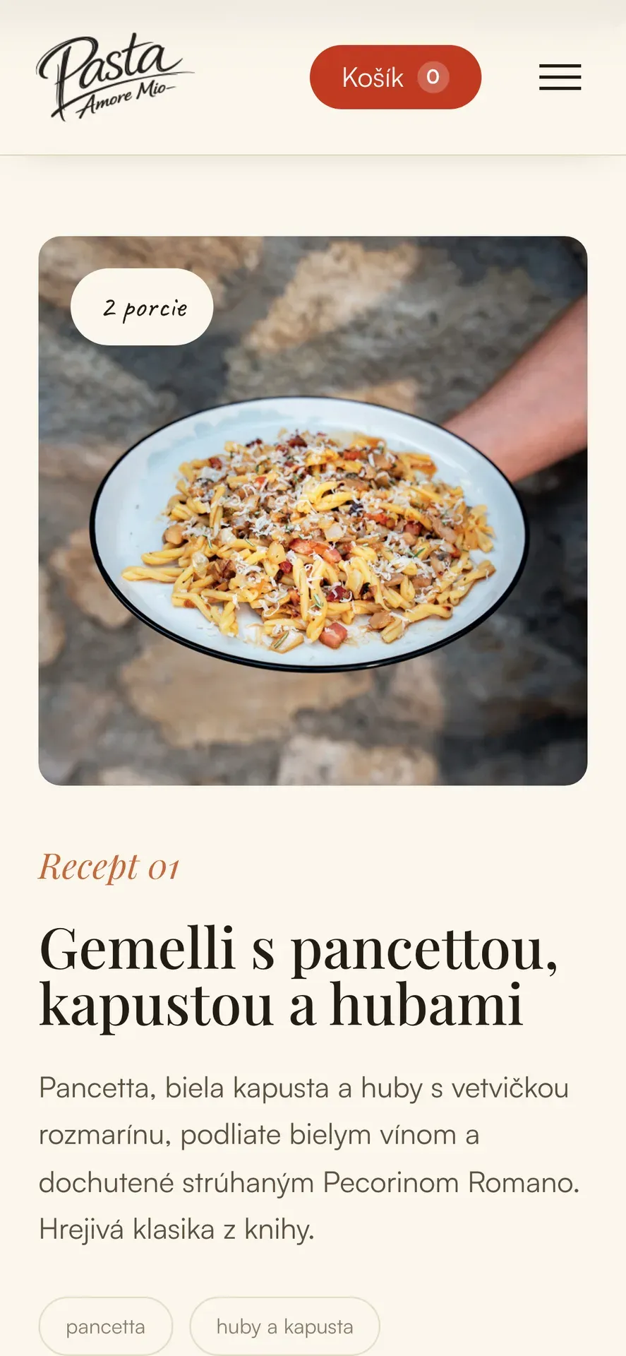Mobilná verzia webu Pasta Amore Mio: ukážka receptu