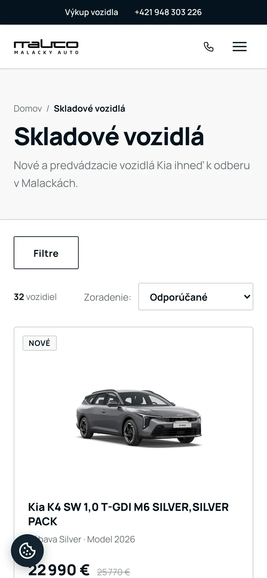 Mobilná verzia webu Malacky Auto: skladové vozidlá