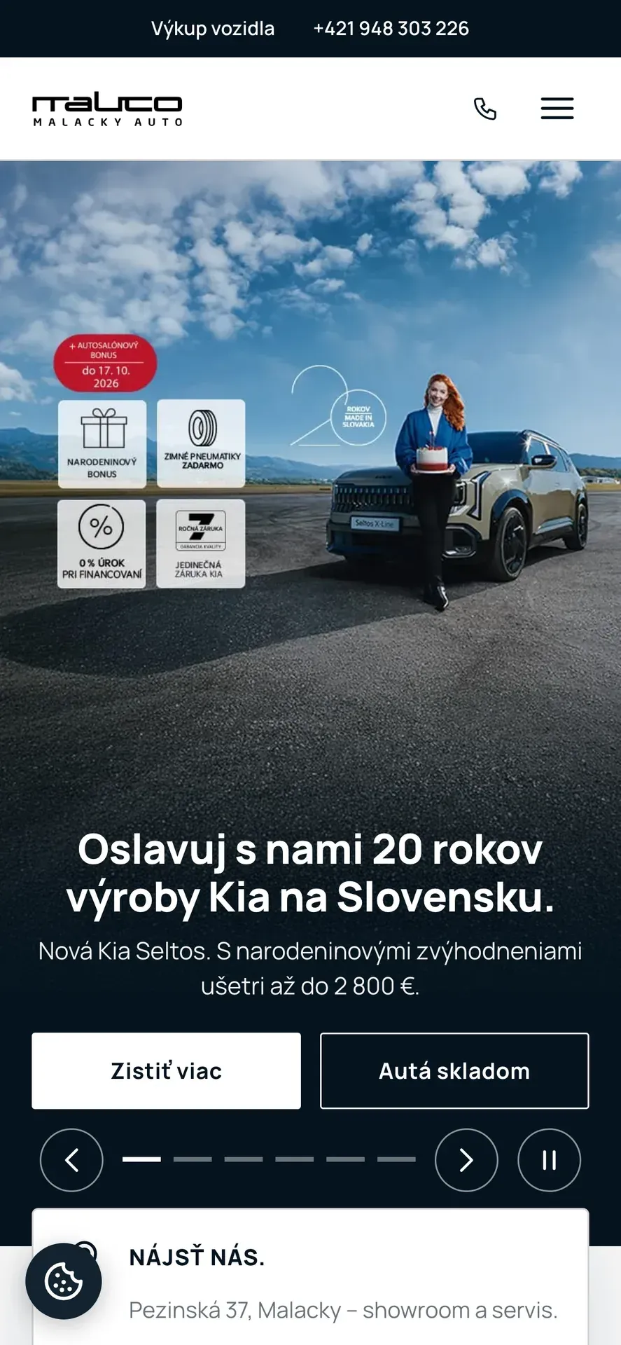 Mobilná verzia webu Malacky Auto: úvodná stránka