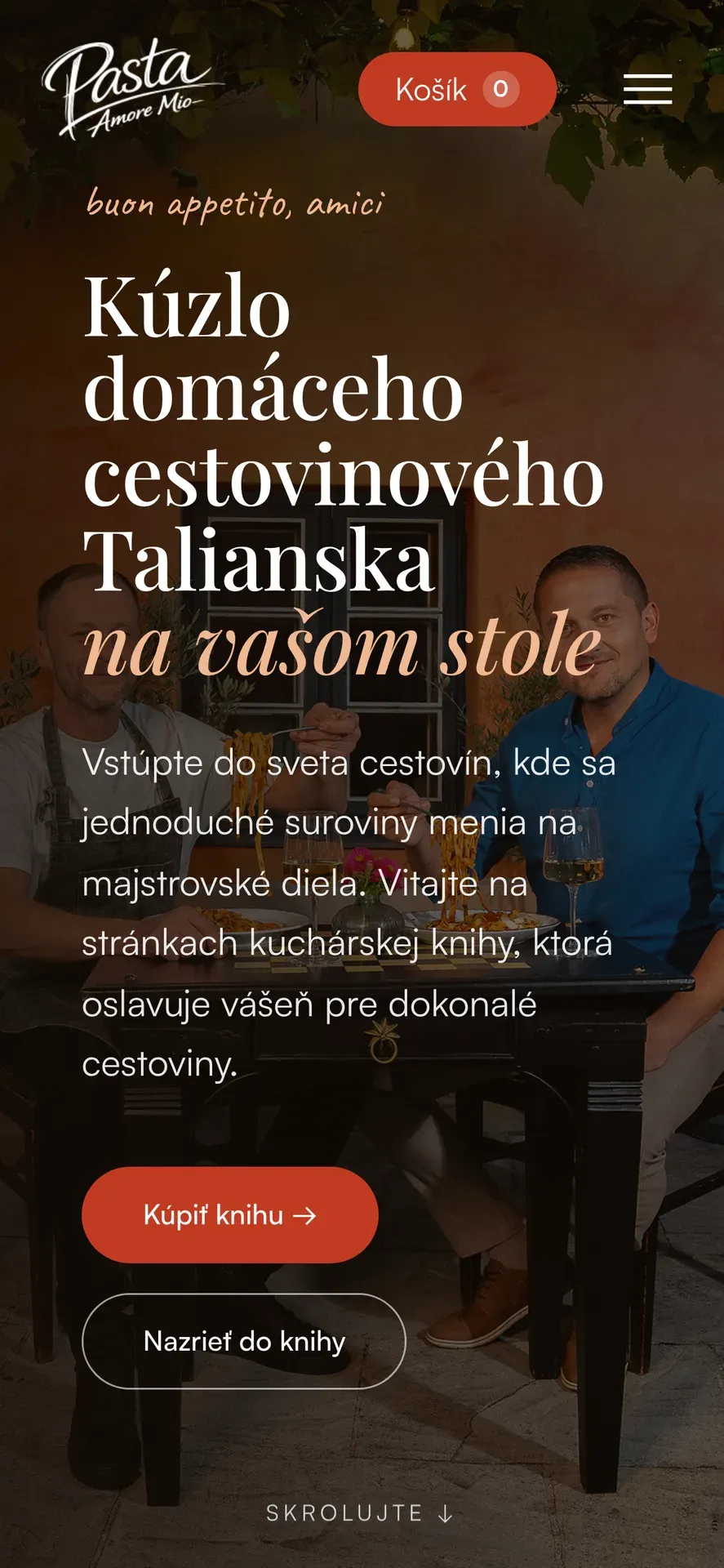 Mobilná verzia webu Pasta Amore Mio: úvodná sekcia