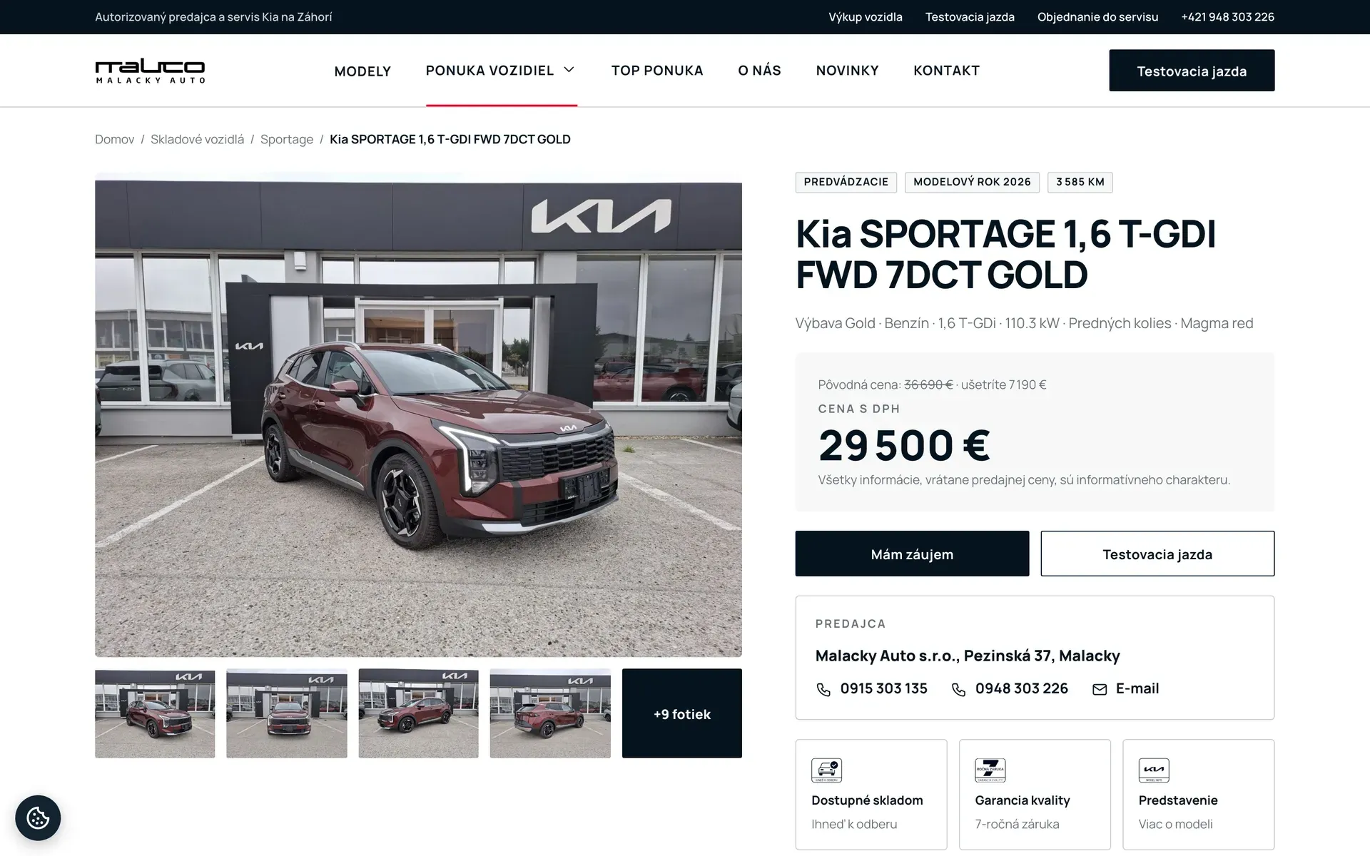 Web Malacky Auto – detail auta Kia Sportage s cenou, galériou a tlačidlom na testovaciu jazdu