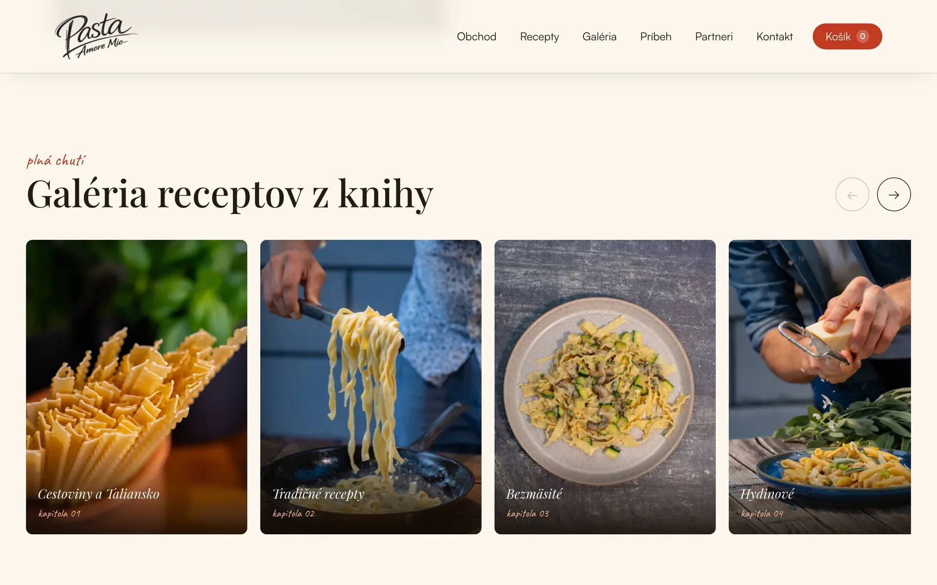 Web Pasta Amore Mio – galéria receptov z knihy rozdelená podľa kapitol