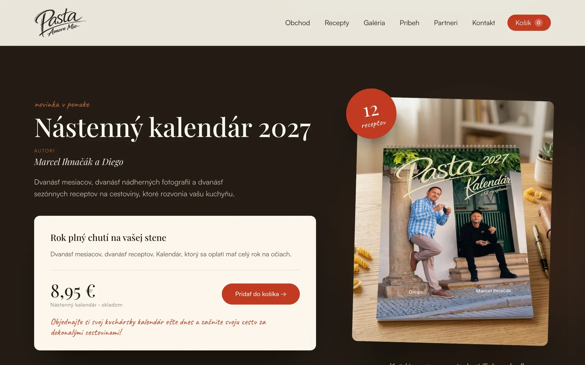 Web Pasta Amore Mio – nástenný kalendár 2027 s dvanástimi receptami