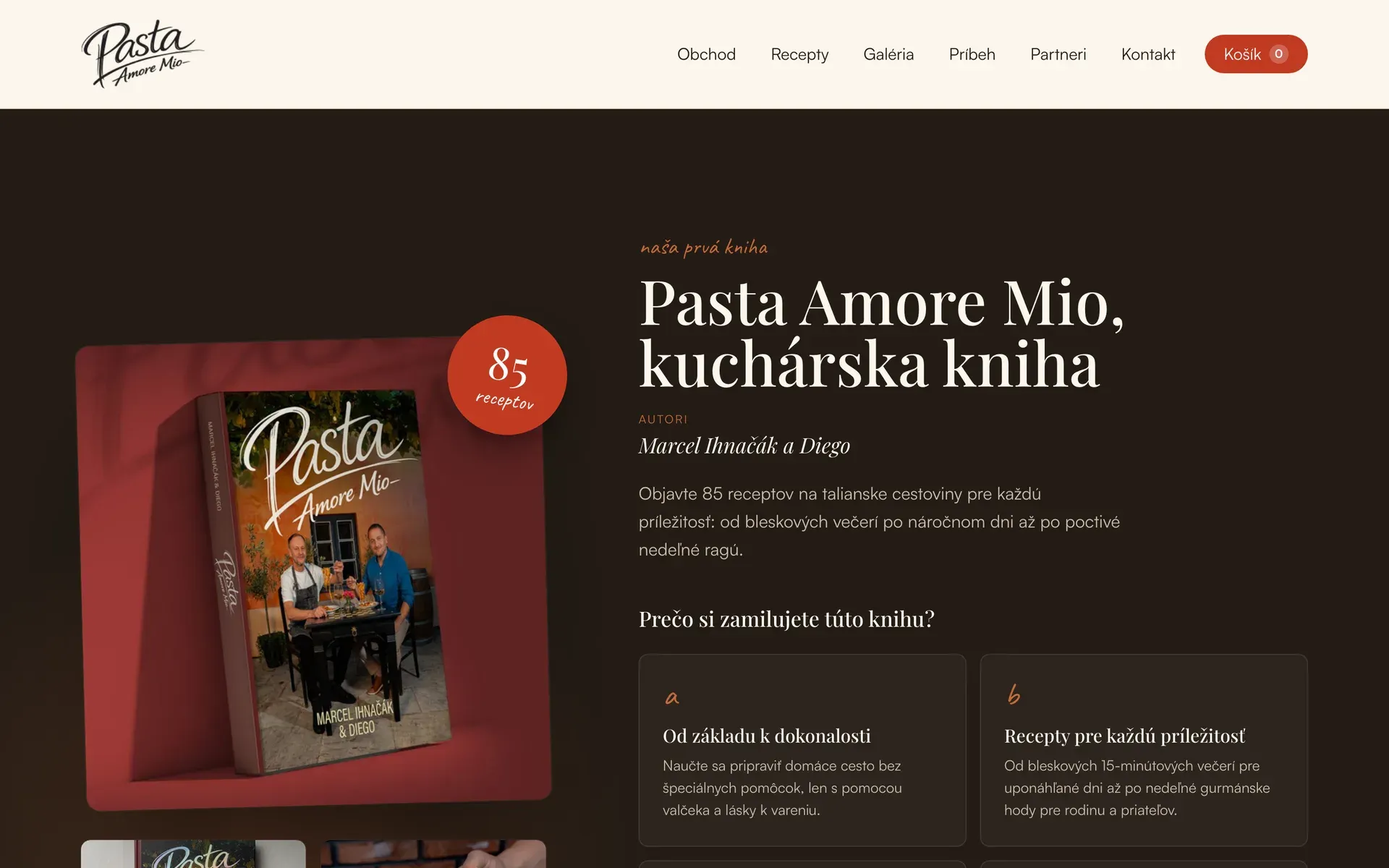 Web Pasta Amore Mio – predstavenie kuchárskej knihy s cenou a tlačidlom do košíka