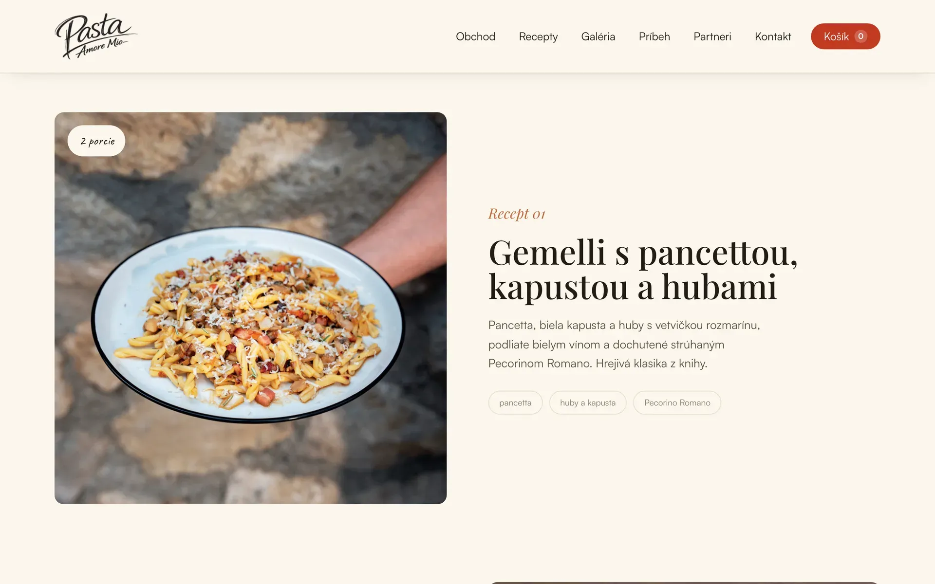 Web Pasta Amore Mio – ukážka receptu Gemelli s pancettou, kapustou a hubami