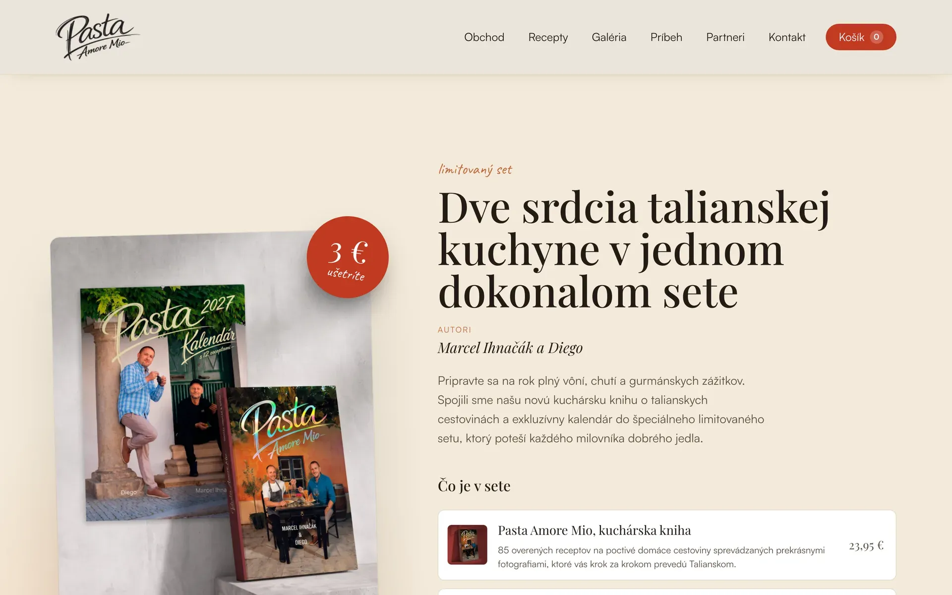 Web Pasta Amore Mio – darčekový set knihy a kalendára