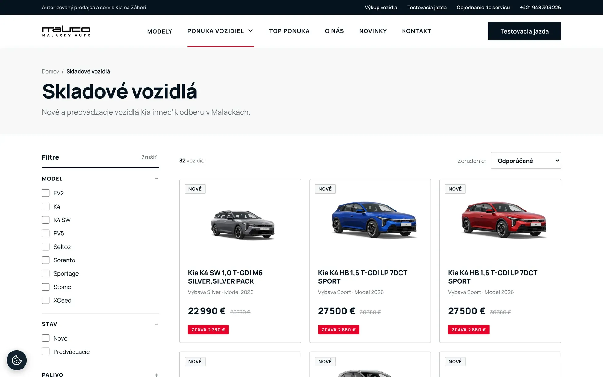 Web Malacky Auto – skladové vozidlá s filtrami podľa modelu, stavu a paliva