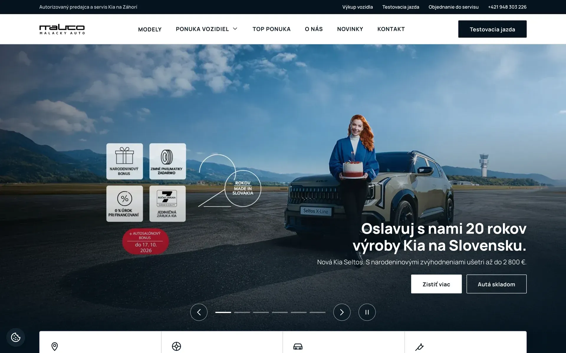 Web Malacky Auto – úvodná stránka s aktuálnou kampaňou Kia