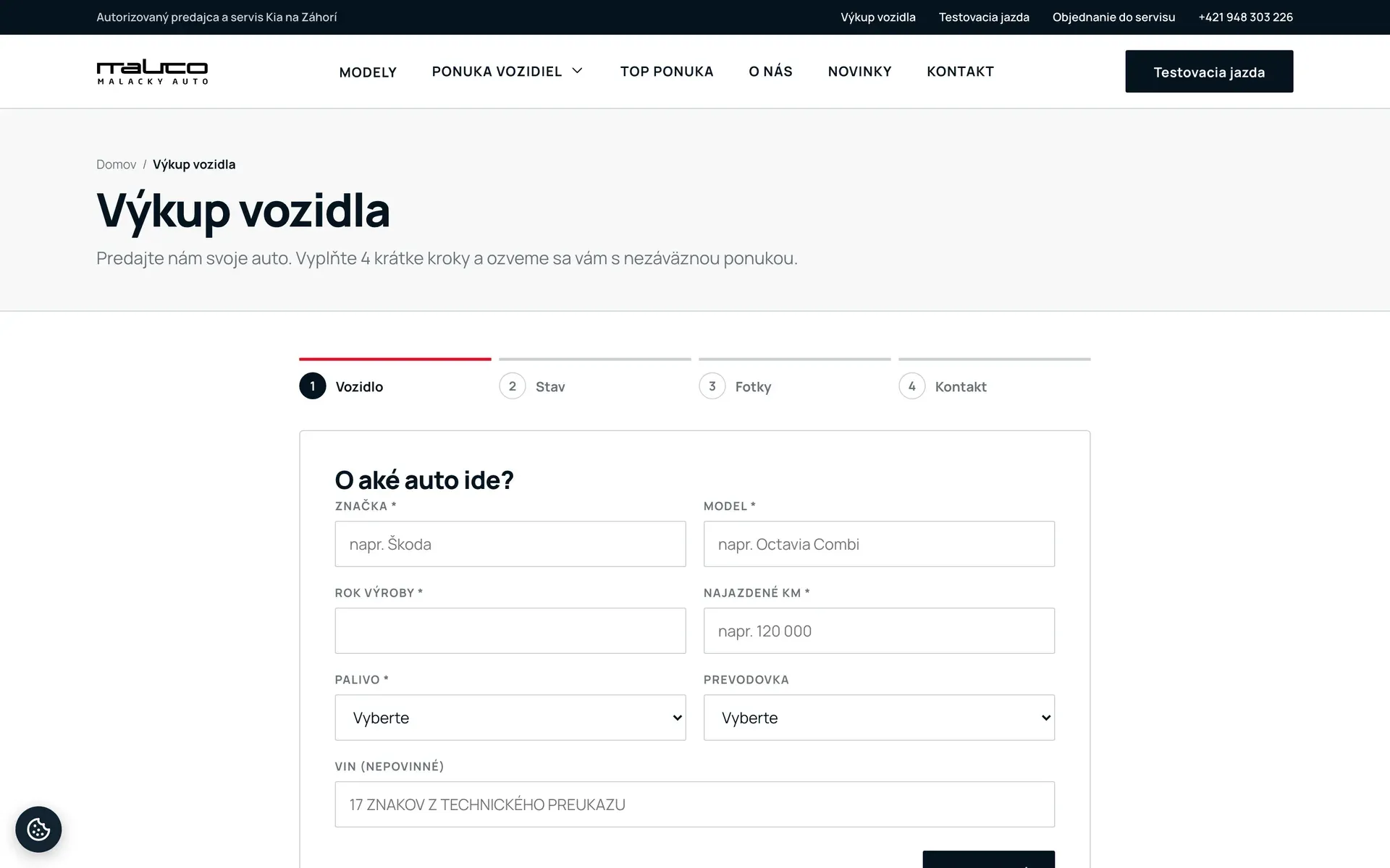 Web Malacky Auto – formulár na výkup vozidla v štyroch krokoch