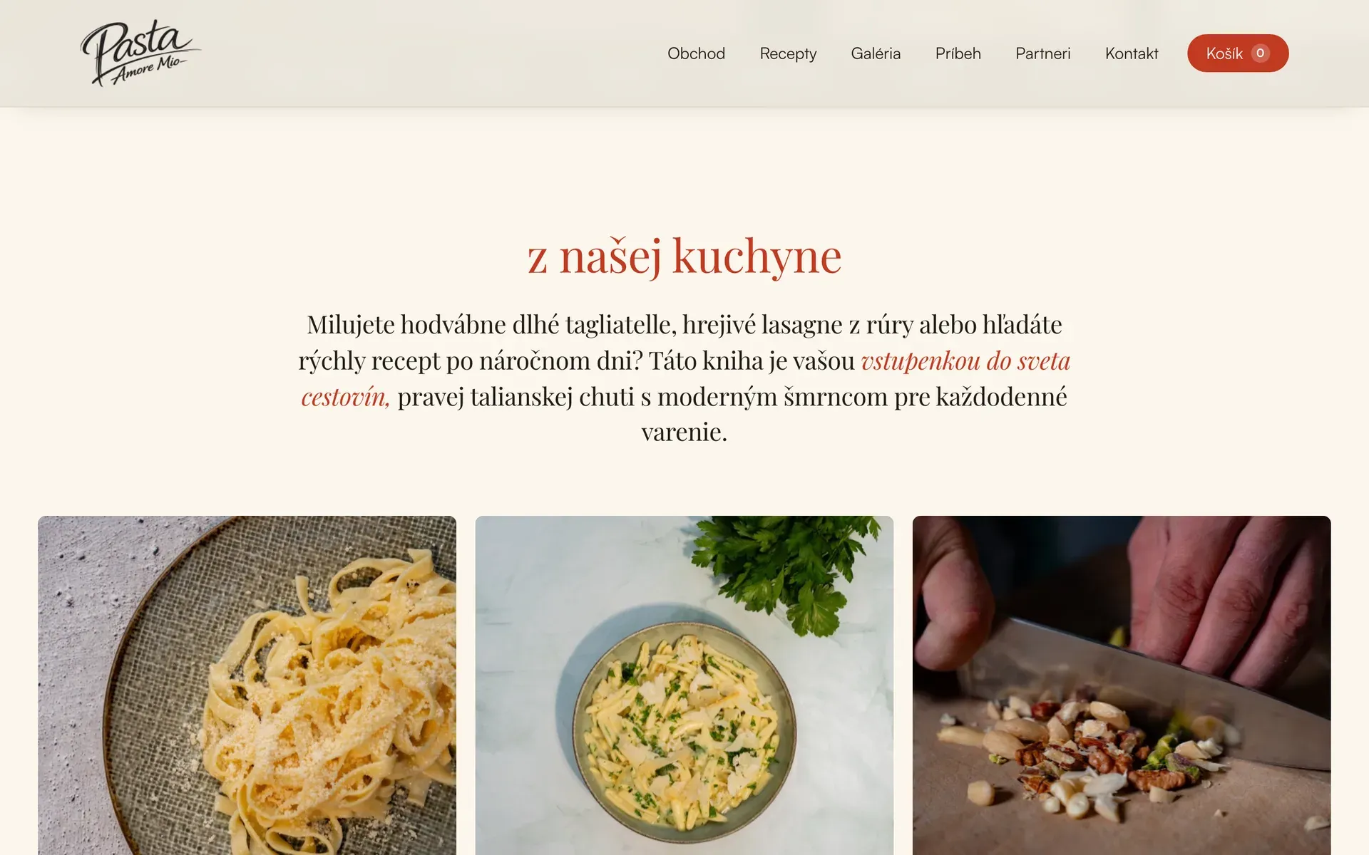 Web Pasta Amore Mio – úvod do knihy s fotografiami domácich cestovín